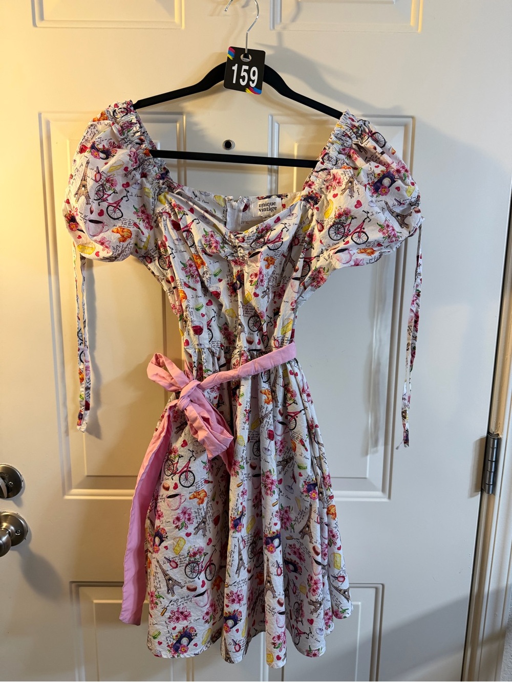 Paris Print Puff Sleeve Dress w Bow Belt XL Coquette